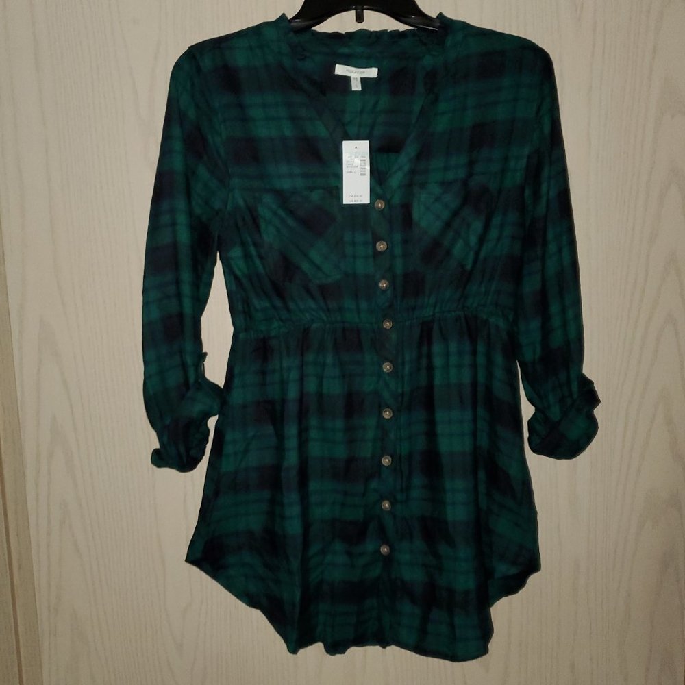 Maurices Green Plaid Babydoll Flannel Tunic with Adj 3/4 Sleeves - Small